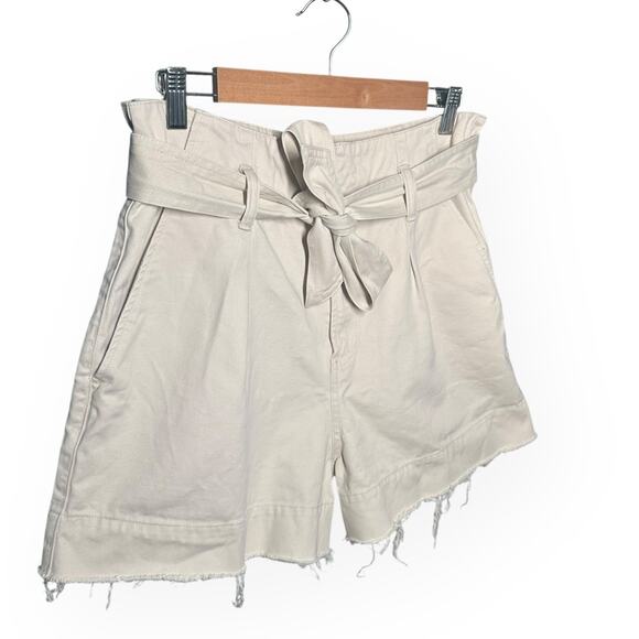 ALLSAINTS Cala Paperbag Belted Shorts Pleated Frayed Hem Beige Ivory High Rise - Picture 3 of 12